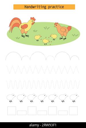 Tracciando linee per bambini, gallo, gallina e pulcini, sviluppando pratiche di scrittura per bambini. Vettore Illustrazione Vettoriale