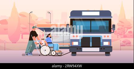 i passeggeri disabili che salgono sull'autobus con l'aiuto di persone in sedia a rotelle in un'atmosfera amichevole e accessibile in città Illustrazione Vettoriale