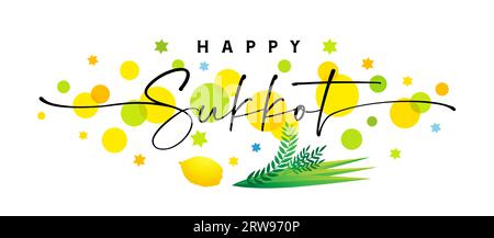 Happy Sukkot elegante lettering con etrog e lulav. Festa ebraica Sukkot con etrog, lulav, arava, hadas, cerchi colorati e stelle. Scheda vettoriale Illustrazione Vettoriale