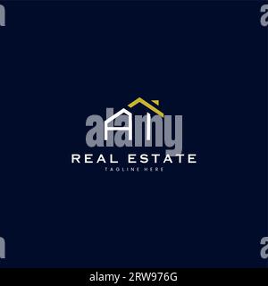 Moderno logo ai Letter Real Estate in stile lineare con un semplice edificio sul tetto in blu Illustrazione Vettoriale