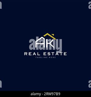 Moderno logo AK Letter Real Estate in stile lineare con un semplice edificio sul tetto in blu Illustrazione Vettoriale