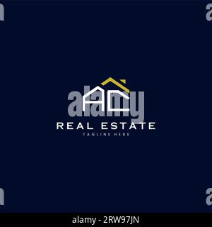Moderno logo AC Letter Real Estate in stile lineare con un semplice edificio sul tetto in blu Illustrazione Vettoriale