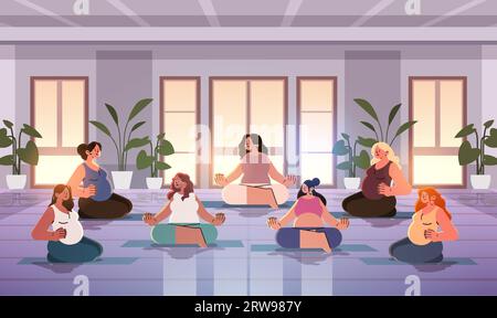 donne felici incinte future mamme sedute in posa di loto ragazze meditando il concetto di aspettativa di maternità in gravidanza Illustrazione Vettoriale