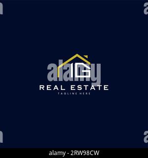 Moderno logo IG Letter Real estate in stile lineare con semplice edificio sul tetto in blu Illustrazione Vettoriale