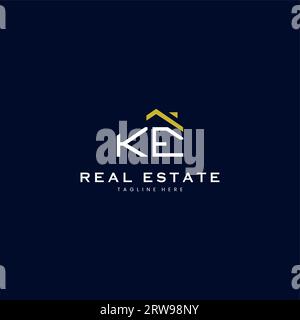 Moderno logo KE Letter Real estate in stile lineare con semplice edificio sul tetto in blu Illustrazione Vettoriale