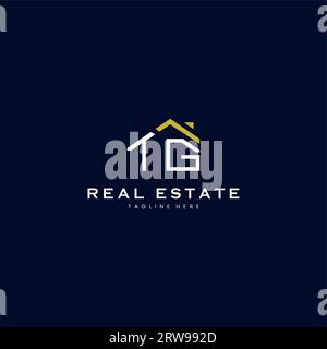 Moderno logo TG Letter Real Estate in stile lineare con un semplice edificio sul tetto in blu Illustrazione Vettoriale