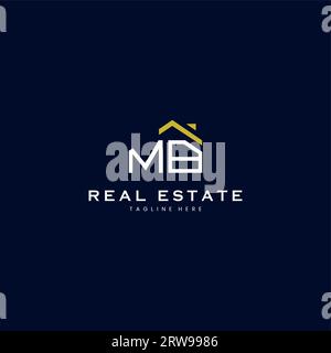 Moderno logo MB Letter Real Estate in stile lineare con semplice edificio sul tetto in blu Illustrazione Vettoriale