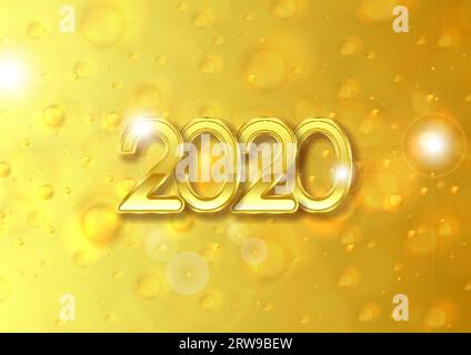Scritta Golden 2020 su sfondo giallo brillante bokeh natalizio. Design astratto dei biglietti di auguri per il nuovo anno Illustrazione Vettoriale