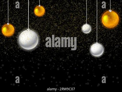 Decorazioni palline di Natale dorate e argentate con coriandoli glitter su sfondo nero innevato. Design vettoriale per il nuovo anno Illustrazione Vettoriale