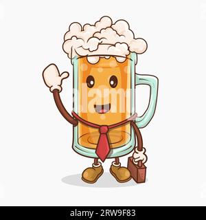 bicchiere di birra con volto carino kawaii in abito da uomo d'affari, illustrazione vettoriale mascotte Illustrazione Vettoriale