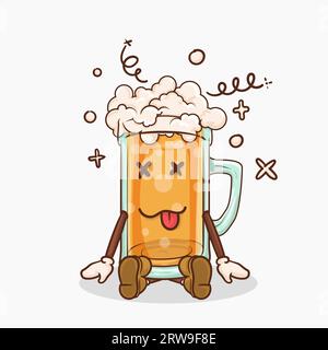 bicchiere di birra con illustrazione vettoriale ubriaco della simpatica mascotte kawaii Illustrazione Vettoriale