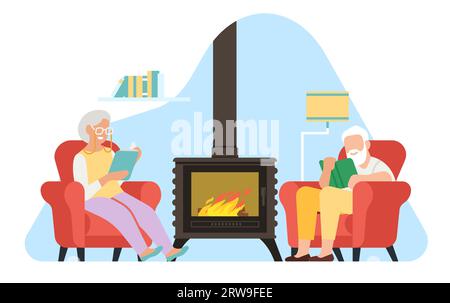 Coppia anziana seduta in poltrona. Nonni che leggono libri. Persone che si rilassano davanti al caminetto. Accogliente casa per il tempo libero. Uomo e donna in pensione Illustrazione Vettoriale