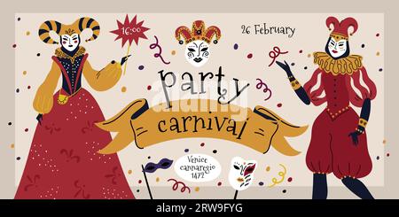 Invito al carnevale veneziano. Persone in costumi e maschere da festival. Partecipanti in maschera tradizionali. Mardi gras party. Banner di invito per le vacanze Illustrazione Vettoriale