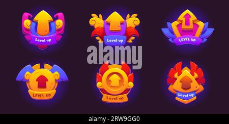 Raccolta di badge di livello superiore isolati sullo sfondo. Illustrazione dei cartoni animati vettoriali con il premio di avanzamento del gioco, medaglie d'oro con frecce, ali, decorazioni rosse e viola, trofeo vincitore, elementi di design dell'interfaccia utente Illustrazione Vettoriale