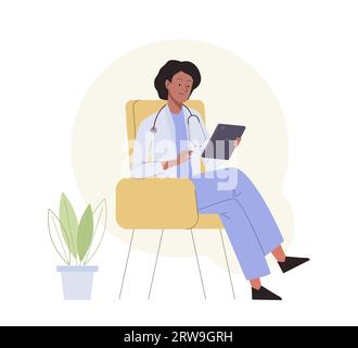 Medico medico con stetoscopio seduto sulla sedia con un tablet. Consulenza medica e diagnosi. Posto di lavoro in ospedale medico Illustrazione Vettoriale