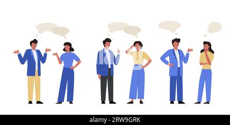 Insieme di chiacchierate con le bolle vocali. Uomini e donne si incontrano e parlano. Dialoghi tra personaggi femminili e maschili Illustrazione Vettoriale