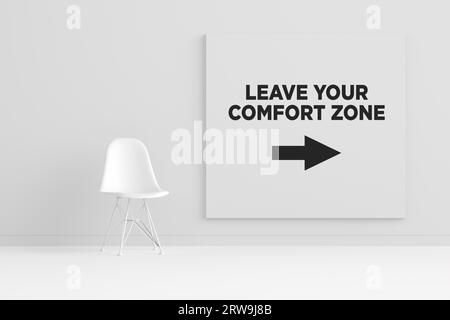 Sviluppo personale, cambiamento e abbandono del concetto di comfort zone. Sedia bianca interna della camera e una cornice a poster con il messaggio lascia il tuo comfort Foto Stock