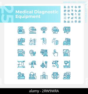 Icone di colore azzurro pixel Perfect per apparecchiature diagnostiche mediche Illustrazione Vettoriale