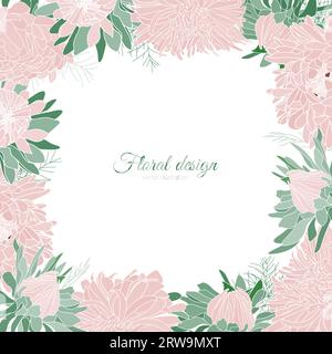 Bordo di fiori rosa disegnati a mano da vettori, margherite, foglie verdi, corona botanica Illustrazione Vettoriale