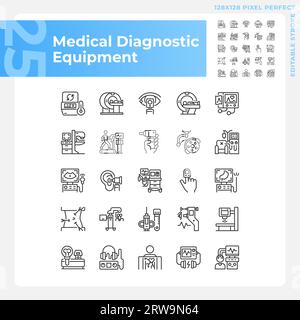 Set di icone lineari pixel Perfect per apparecchiature diagnostiche medicali Illustrazione Vettoriale