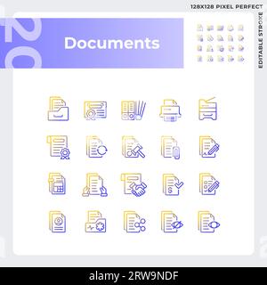Set di icone del documento gradiente perfetto pixel 2D. Illustrazione Vettoriale