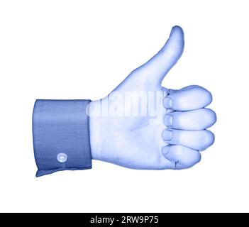 Immagine concettuale di una mano blu, simile ai pulsanti dei social media Foto Stock