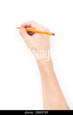 Mano con matita che scrive qualcosa di isolato su sfondo bianco con ombre Foto Stock