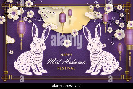 Festival cinese di metà autunno con arte e artigianato in carta dorata su sfondo a colori con elementi asiatici per biglietti d'auguri, banner, Web (tradurre Illustrazione Vettoriale