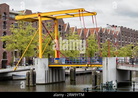 Ponte su un canale, appartamenti convertiti da vecchi magazzini nella zona di Entrepotdok ad Amsterdam nei Paesi Bassi Foto Stock