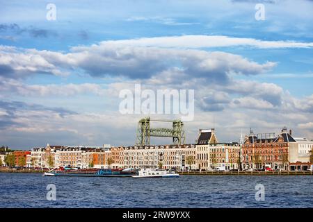 Appartamenti terrazzati lungo il fiume nel centro di Rotterdam, Paesi Bassi, Queen's Bridge (olandese: Koninginnebrug) sullo sfondo Foto Stock