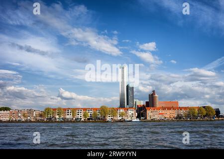 Lo skyline delle case a schiera lungo il fiume New Meuse (olandese: Nieuwe Maas) nel centro di Rotterdam, Paesi Bassi Foto Stock