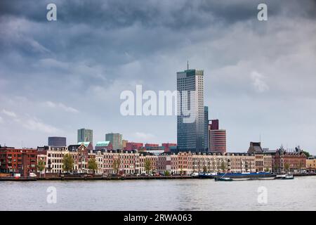 Città di Rotterdam paesaggio urbano lungo il fiume New Meuse nell'Olanda meridionale, Paesi Bassi Foto Stock