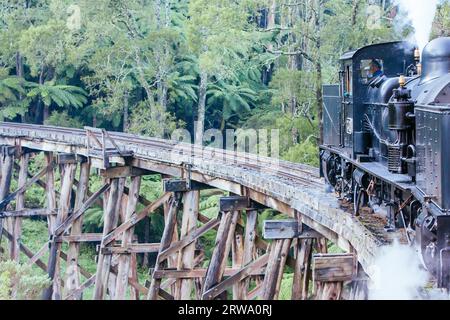 Melbourne, Australia, 11 giugno 2012: Il treno a vapore Puffing Billy attraversa un vecchio ponte di legno a Melbourne, Victoria, Australia Foto Stock