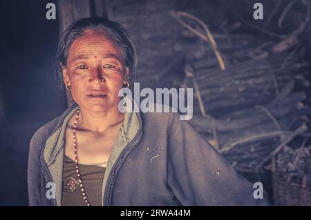 Dolpo, Nepal, circa giugno 2012: Donna dai capelli neri con puntino rosso sulla fronte vestita con felpa grigia a Dolpo, Nepal. Documentario editoriale Foto Stock