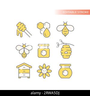 Api mellifere, set di icone con linea vettoriale. Beehive, icone a nido d'ape. Illustrazione Vettoriale
