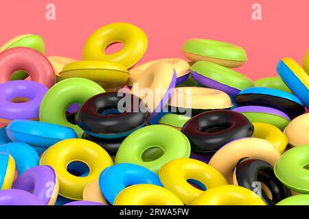 Pila di anelli gonfiabili per piscina isolata su sfondo rosa. rappresentazione 3d del concetto e delle vacanze estive Foto Stock