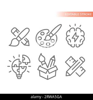 Creatività e creatività, brainstorming di icone vettoriali di linee. Set di icone per pennello, lampadina e soluzione. Illustrazione Vettoriale