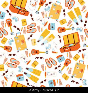 Modello senza cuciture con articoli per le vacanze. Sfondo turistico estivo. Resort sulla spiaggia. Bagaglio turistico. Bagagli di viaggio. Tessuti decorativi, carta da imballaggio Illustrazione Vettoriale