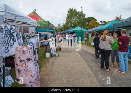 Persone che curiosano tra le bancarelle del Duckpond Market, un mercato artigianale di prodotti alimentari e artigianali che si tiene mensilmente presso Manor Farm, Ruislip, Middlesex, Inghilterra, Regno Unito Foto Stock