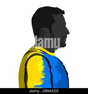 Silhouette del presidente dell'Ucraina Vladimir Zelensky in abiti il colore della bandiera Ucraina, isolato. Foto Stock