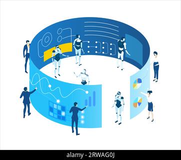 Ambiente aziendale isometrico. Spazio per le sale server, persone aziendali che lavorano insieme, generano nuovi contenuti e condividono idee Foto Stock