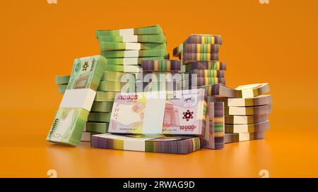 Pile di banconote in franchi CFA dell'Africa centrale. Molti soldi isolati su sfondo arancione. rendering 3d di pacchetti di denaro contante Foto Stock