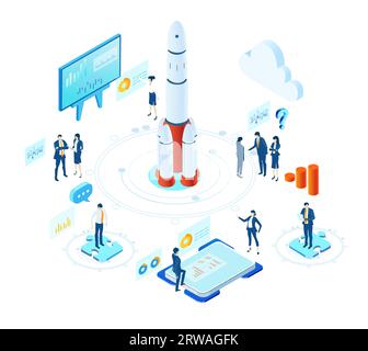 Infografica sull'ambiente isometrico. Gli uomini d'affari lavorano insieme accanto al razzo. Rocket è pronto per iniziare, tecnologia spaziale, concetto di avvio Foto Stock