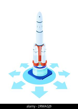 Infografica sull'ambiente isometrico. Gli uomini d'affari lavorano insieme accanto al razzo. Rocket è pronto per iniziare, tecnologia spaziale, concetto di avvio Foto Stock