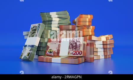 Pile di note cedi ghanesi. Molti soldi isolati su sfondo blu. rendering 3d di pacchetti di denaro contante Foto Stock