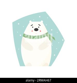 Grazioso orso polare bianco sotto la neve con sciarpa in maglia e sorridente. Illustrazione vettoriale piatta isolata su sfondo bianco. Pronto per i biglietti d'auguri, p Illustrazione Vettoriale