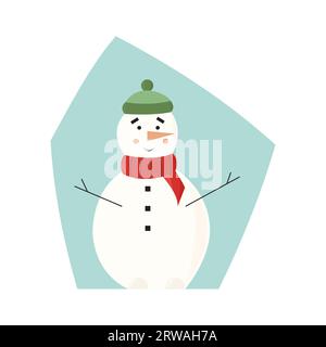 Simpatico pupazzo di neve bianco che indossa sciarpa e cappello a maglia e sorride. Illustrazione vettoriale piatta isolata su sfondo bianco. Pronto per i biglietti d'auguri, stampa Illustrazione Vettoriale