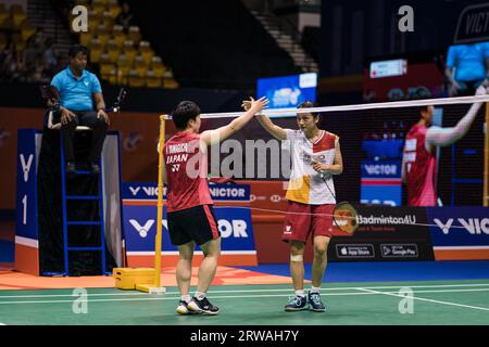 Hong Kong, Cina. 17 settembre 2023. Il giapponese Akane Yamaguchi gioca nella finale del singolare femminile contro Zhang Yi Man of China il sesto giorno del VICTOR Hong Kong Open Badminton Championship 2023 all'Hong Kong Coliseum. Punteggio finale; Giappone 2:1 Cina. Credito: SOPA Images Limited/Alamy Live News Foto Stock