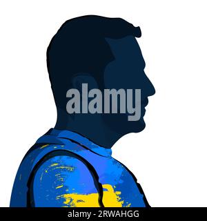 Silhouette del presidente dell'Ucraina Vladimir Zelensky in abiti il colore della bandiera Ucraina, isolato. Foto Stock