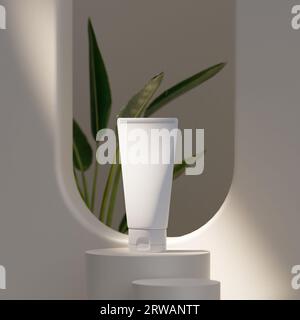 Tubo crema per prodotti di bellezza su podio bianco. Prodotto cosmetico per la cura della pelle. rendering 3d. Foto Stock